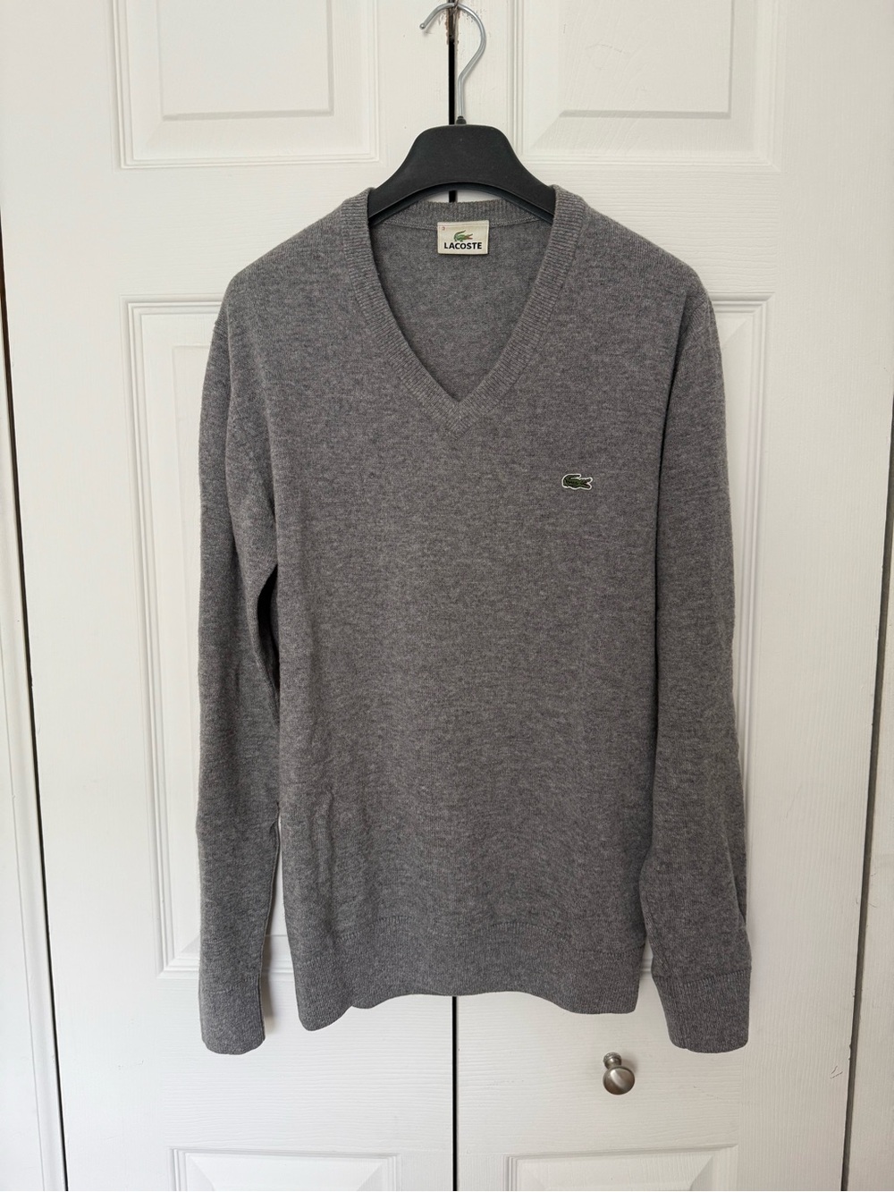 Lacoste Men's V-Neck Heather Gray Wool Sweater with Crocodile Logo